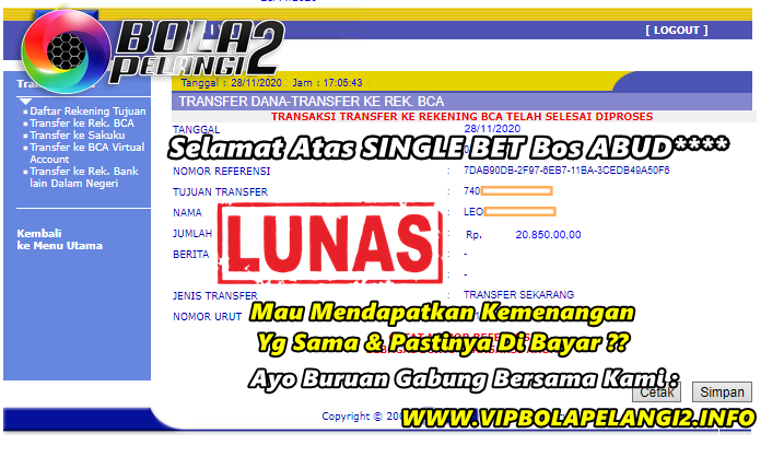 Pemenang SINGLE BET 28 November 2020